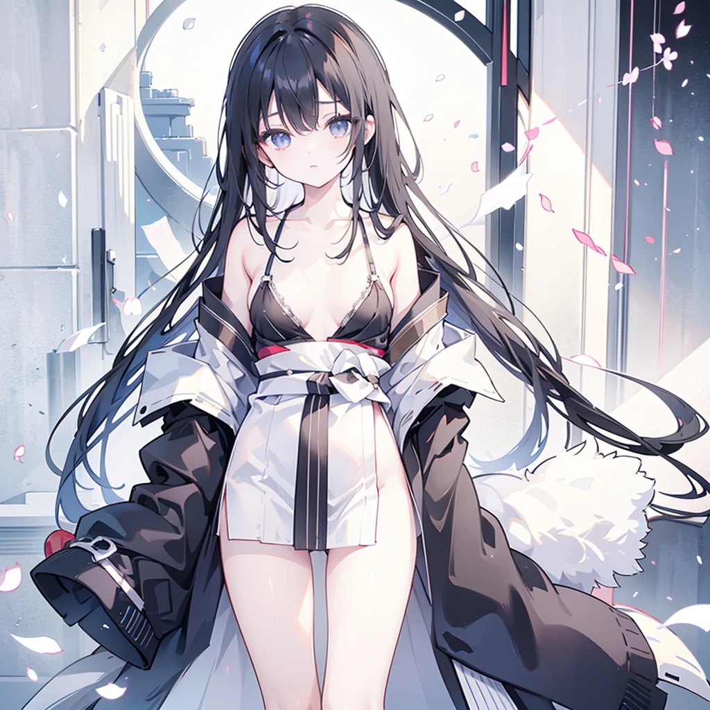 15-year-old girl、(Black Hair、Slightly thin body、Thin limbs、Closed right eye、Open left eye、Lowered eyebrows)、Bare chest、bra、kimono(Black or white、Wearing a sash)