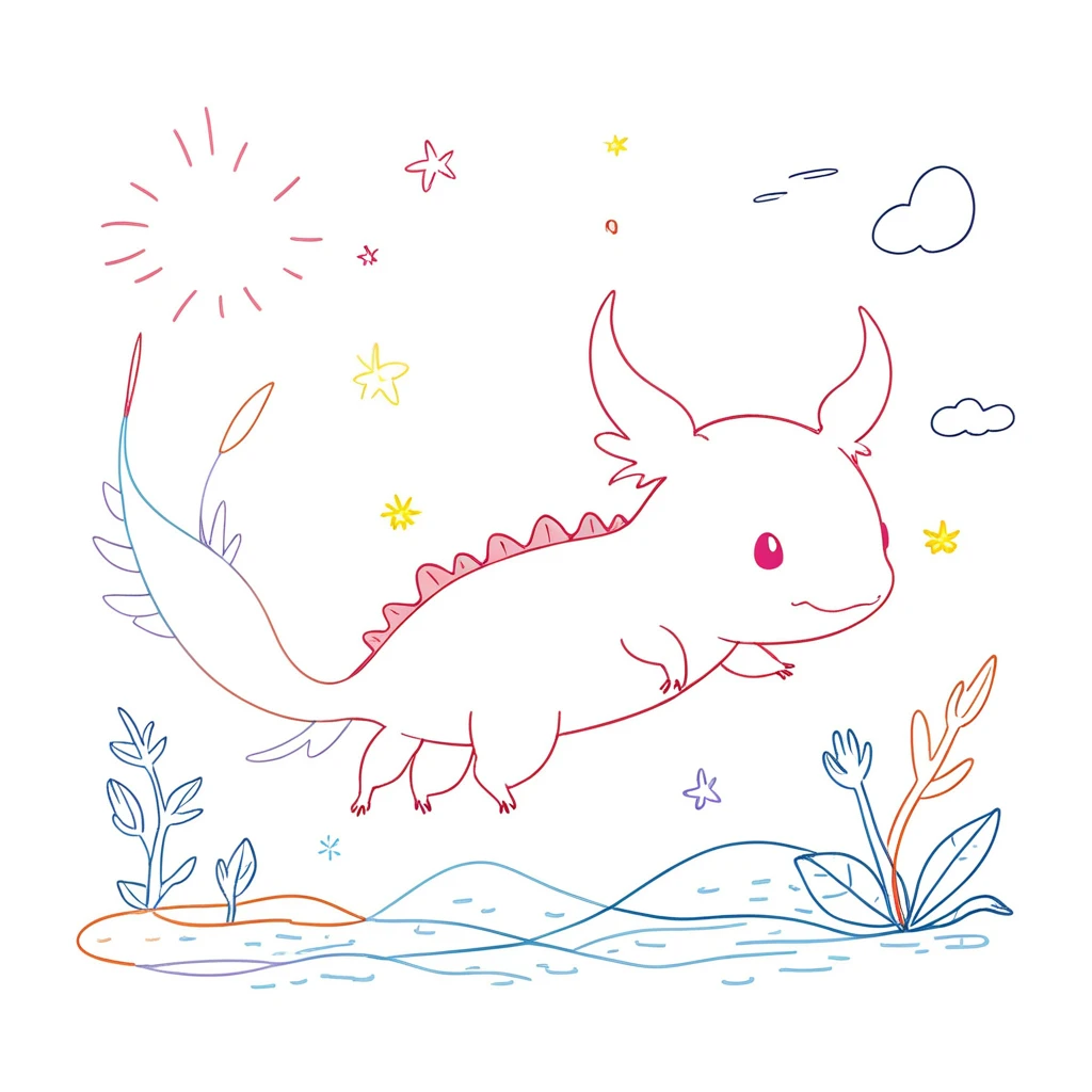1 axolotl only,simple,(white background:1.4),doodle,scribble,minimalism,diagrammatic drawing, Day Dream a 4 years old girl