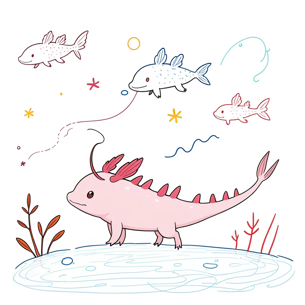 1 axolotl only,simple,(white background:1.4),doodle,scribble,minimalism,diagrammatic drawing, Day Dream a 4 years old girl