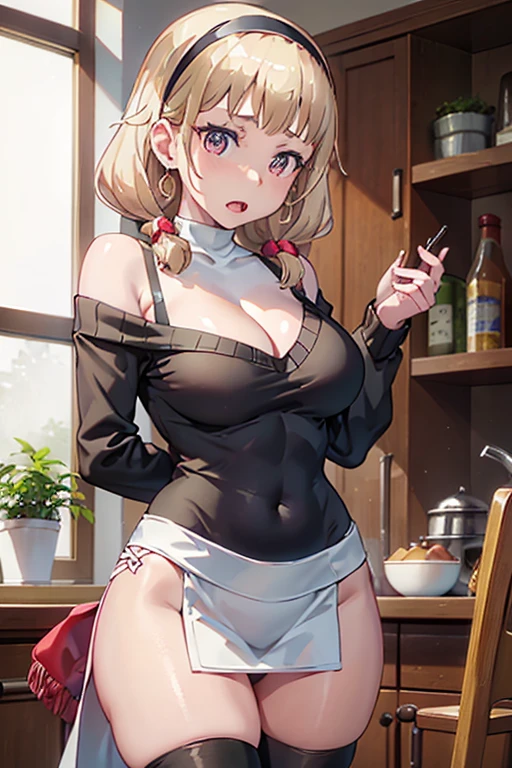 masterpiece, yor, 1girl, Bust A Cup, Amazing Cleavage:1.3, thin waist, big ass, Raised sexy, big breast: 1.2 posed cleavage:1.2、solo, looking at viewer, open mouth, have a cute grass of cute beergrass,black hair, red eyes, dress, bare shoulders, jewelry, collarbone, sidelocks, hairband, earrings, indoors, off shoulder, :o, sweater, arms behind back, plant, short hair with long locks, white hairband, off-shoulder dress, sweater dress, off-shoulder sweater, red sweater, big side hair, very long side hair,is rendered in (masterpiece: 1.2, best quality), with (ultra high resolution) and an exquisite (depth of field). This masterpiece is not only visually stunning but also tells,A scene of cooking in the kitchen