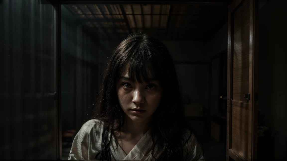 Create a ghostly image of a creepy kimono-clad woman peeking through a 5cm gap in a sliding door.。The woman is pale and has an eerie look.、Make sure the eyes are bright or reflecting a cold light.。The background is a dimly lit Japanese-style room.、The soft, mysterious light casts ghostly shadows、Emphasizes a sense of mystery and unease。With a narrow gap、Emphasize the feeling of being watched from the dark。