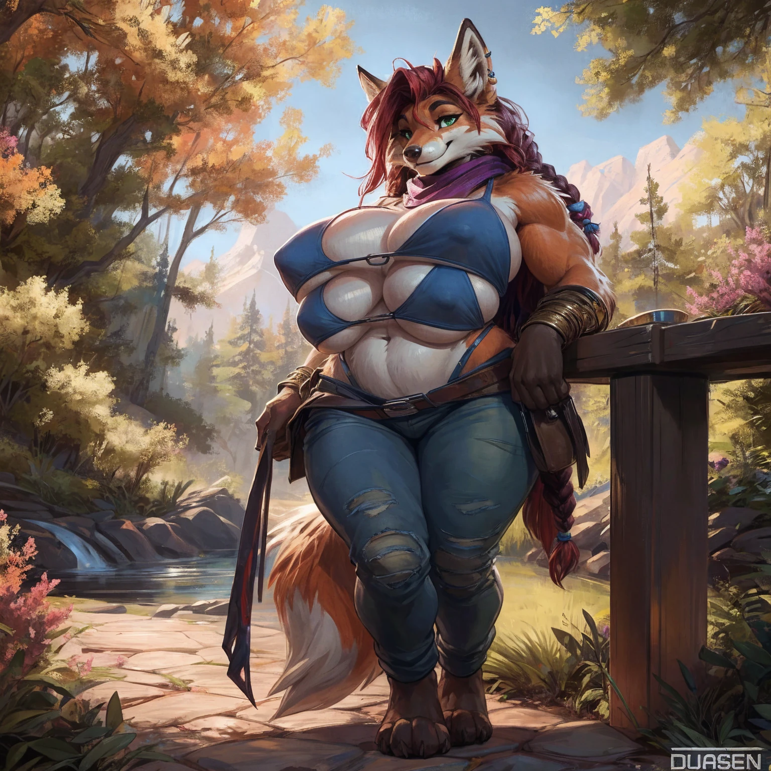 8K, ((masterpiece)), ((stunning artwork)), (carefully drawn), (highly detailed), uploaded to e621.net, solo, fox, female, short woman, shortstack, older woman, milf, curvy, thick, orange fur, white markings, dark red hair, long hair, braided hair, green eyes, perfect eyes, (four breasts:1.4), (quadboob:1.2), top breasts are larger, huge breasts, nipple outline, older woman, furry body, wide body, wide hips, thick thighs, big arms, (huge breasts:1.1), heavy breasts, nipple outline, highly detailed eyes, milf, tank top, bare midriff, cleavage, large areolae, blue jeans, lowrise jeans, bare midriff, visible thong straps, Masterpiece, best quality, absurd res, highly detailed, cleanly drawn eyes, park environment, jewelry, hippie, scarf, cute smile, standing upright, casual posture, buff, barefoot, standing upright, digitgrade, four toes, by darkgem, by duase,