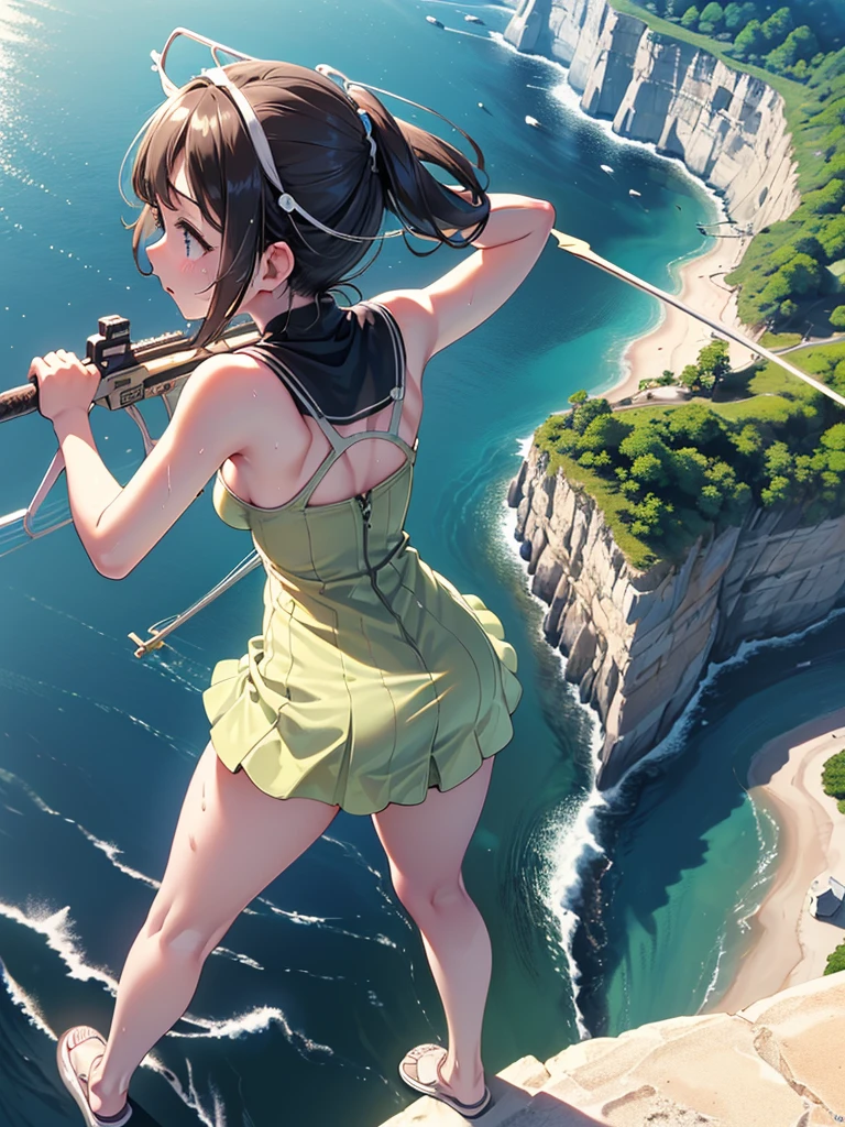 Highest quality, masterpiece, Ultra-high resolution, (Realistic:1.4), RAW Photos, Intricate details, Big beautiful eyes, Perfect contours, masterpiece, One Girl, ((Junior high school student)), Braided Bob, (aerial view:2), (perky breasts:1.5, high breasts:1.5), (curvy waist:1.5), Competitive swimmer, (one piece:1.5, turtleneck,Sleeveless swimsuit, Sandals), Clear metallic green swimsuit:1.5, tight high leg swimsuit:1.4, ((shoot from behind:2, looking away:2)), Portraiture, ((Standing on the edge of a cliff:1.5, Hesitant to jump:1.5, Incredibly high sheer cliffs:1.5, Stand at the highest point overlooking the surrounding area, peer down the cliff:1.5)), (Anxious expression、His mouth is twitching with fear), Wet Skin, (Underarm)