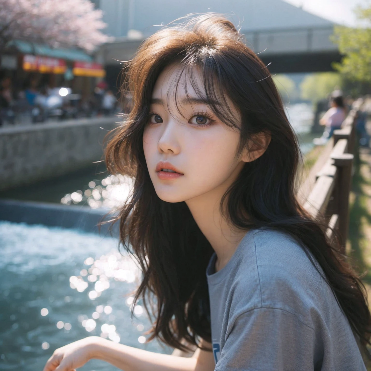 korean girl by the whirlpool looking for a new fool superfine painterly absurd beauty stellar eyes, whirlwind hair, gray bold t-shirt, beautifully backlit in the spring