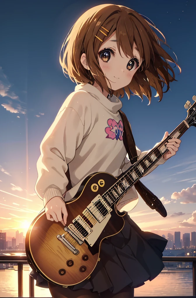 yuihirasawa, Yui Hirasawa, short hair, Brown Hair, hair ornaments, (Brown eyes:1.5),blush,smile,white oversized sweater,Black pleated skirt,White Pantyhose,short boots,Hair Clip,guitar(Gibson　Les Paul)Flip、smile、Overlooking the city from the top of the hill、Beautiful sunset、the wind is strong、whole bodyがイラストに入るように,
break otdoors, 丘
break looking at viewer, whole body、
break (masterpiece:1.2), Highest quality, High resolution, unity 8k wallpaper, (shape:0.8), (Beautiful and beautiful eyes:1.6), Highly detailed face, Perfect lighting, Highly detailed CG, (Perfect hands, Perfect Anatomy),