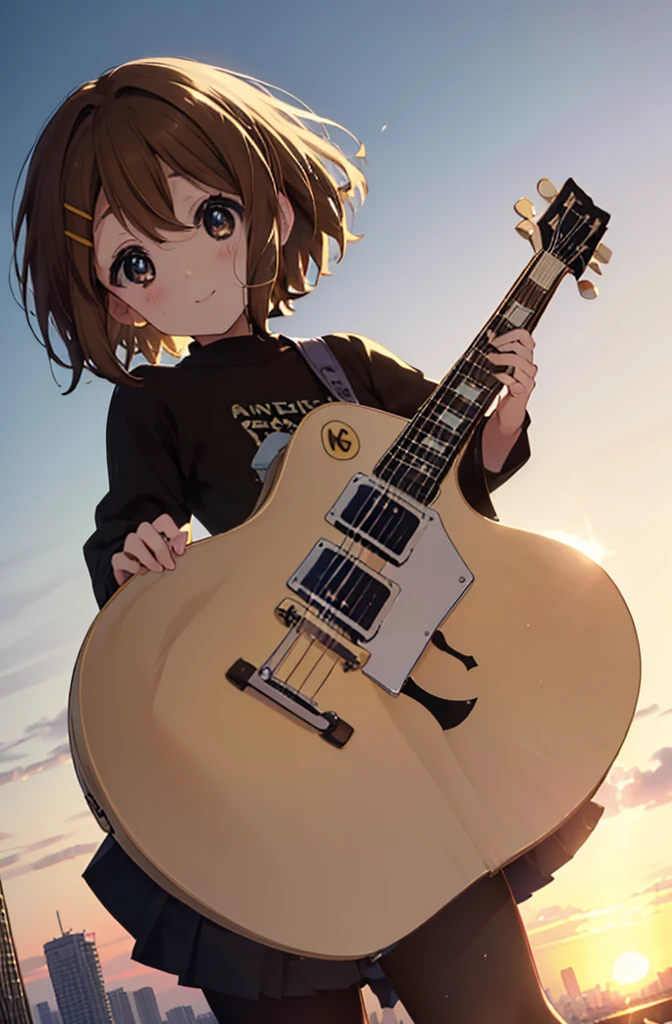 yuihirasawa, Yui Hirasawa, short hair, Brown Hair, hair ornaments, (Brown eyes:1.5),blush,smile,white oversized sweater,Black pleated skirt,White Pantyhose,short boots,Hair Clip,guitar(Gibson　Les Paul)Flip、smile、Overlooking the city from the top of the hill、Beautiful sunset、the wind is strong、whole bodyがイラストに入るように,
break otdoors, 丘
break looking at viewer, whole body、
break (masterpiece:1.2), Highest quality, High resolution, unity 8k wallpaper, (shape:0.8), (Beautiful and beautiful eyes:1.6), Highly detailed face, Perfect lighting, Highly detailed CG, (Perfect hands, Perfect Anatomy),