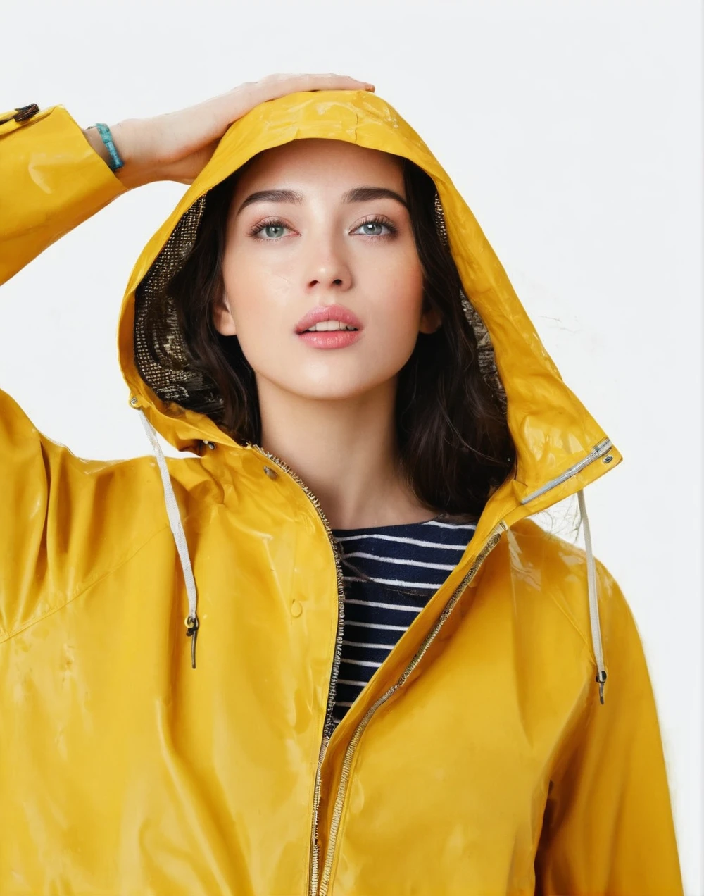 a young woman wearing a bright yellow shiny raincoat, mud-stained and dirty raincoat, muddy clothes, beautiful detailed eyes, beautiful detailed lips, extremely detailed face, long eyelashes, outdoor rainy scene, puddles on the ground, intricate texture, photorealistic, 8k, high quality, masterpiece, professional, vivid colors, dramatic lighting