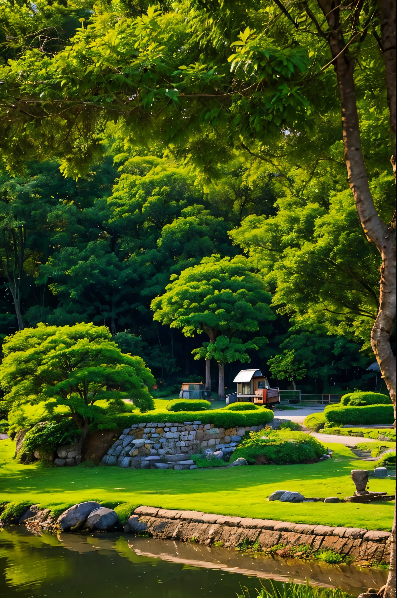 Create a high-quality anime-style image of a serene rural scene. The setting is a peaceful village with a sunny, clear blue sky adorned with fluffy white clouds. The foreground features a quaint yard with a yellow vintage Volkswagen van parked on a stone-paved driveway. The van is well-maintained, and its vibrant color contrasts beautifully with the green surroundings.
The yard is lush with greenery, including tall trees, bushes, and vibrant flowers, adding a touch of life and color to the scene. The red-tiled roofs of nearby houses peek through the foliage, giving a cozy and homely feel. Include details like a wooden fence, a small garden with various plants, and a few birds flying in the sky to enhance the tranquil atmosphere.
Ensure the overall mood of the image is calm and nostalgic, capturing the simplicity and beauty of rural life. Pay attention to the interplay of light and shadow, making the colors pop and adding depth to the scene.