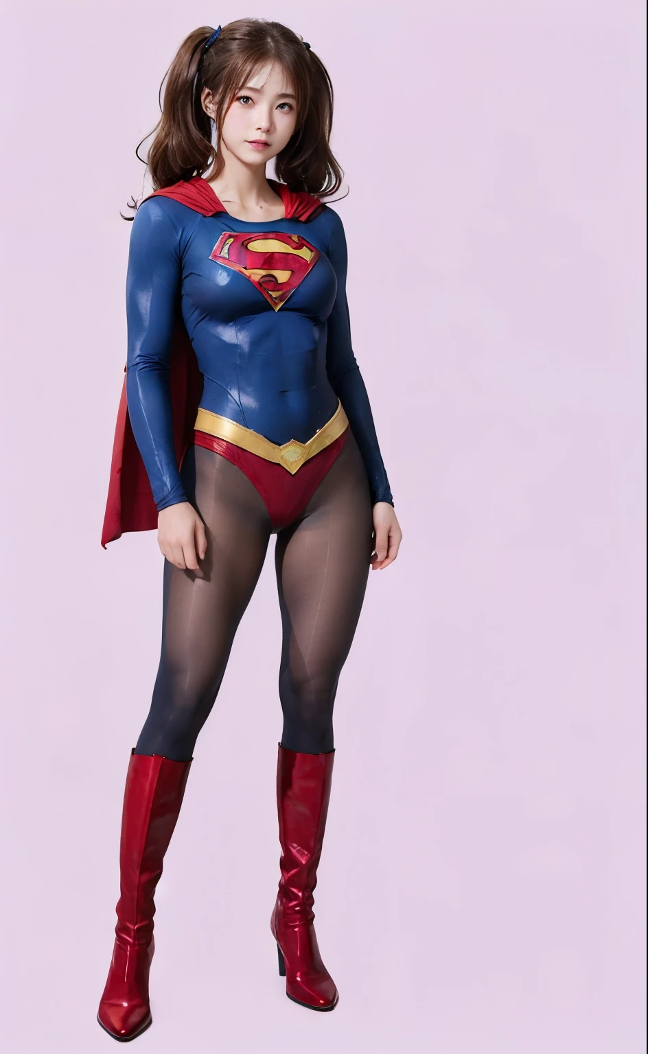 No background、(((Beautiful legs in black tights.)))、(((Legally express the beauty of your smile)))、((((Make the most of your original images)))、(((Supergirl Costume)))、(((Beautiful hair with twin tails)))、(((suffering)))、(((Please wear black tights....、Wear red boots)))、((Best image quality、8K))、((Highest quality、8K、masterpiece:1.3))、(((Preserve background )))、Sharp focus:1.2、Beautiful woman with perfect figure:1.4、Slim Abs:1.2、Wet body:1.5、Highly detailed face and skin texture、8K