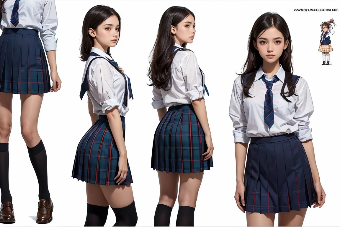 (Masterpiece, Best Quality), (stunning school girl:1.5), the most beautiful school girl in the world, full body, highly detailed beautiful face and eyes, loving look, school tie, knee length pleated skirt, tartan check skirt, school knee-high socks, loafers, perfect anatomy, (three view drawing, front and back and side, character sheet:1.2)