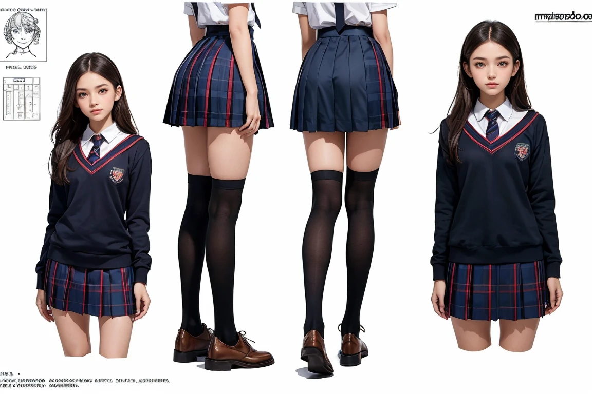 (Masterpiece, Best Quality), (stunning school girl:1.5), the most beautiful school girl in the world, full body, highly detailed beautiful face and eyes, loving look, school tie, knee length pleated skirt, tartan check skirt, school knee-high socks, loafers, perfect anatomy, (three view drawing, front and back and side, character sheet:1.2)