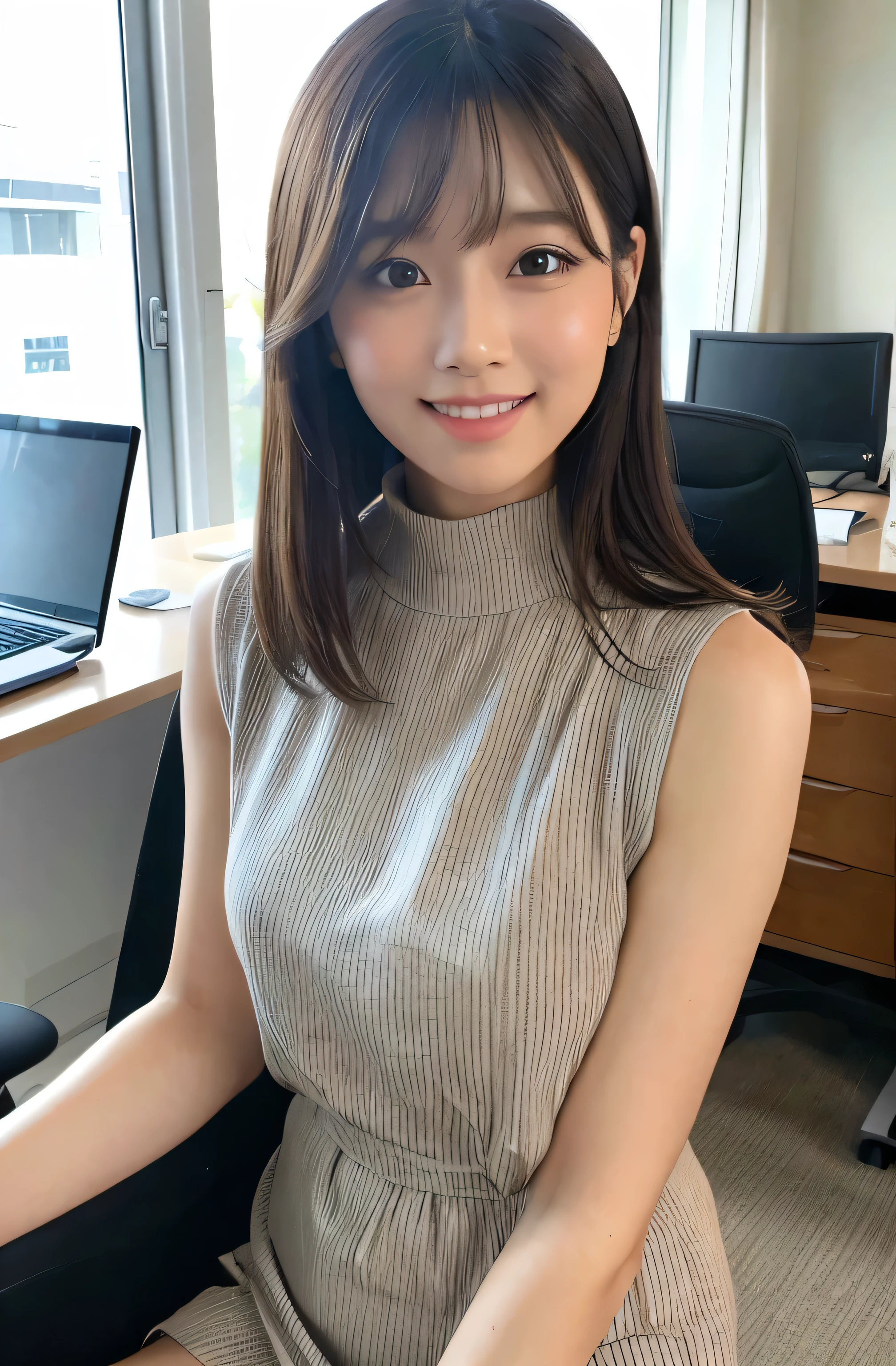 8K、Highest quality、masterpiece、Ultra-high resolution、photograph、Beautiful Japanese Woman、 Grace、good、Transparent atmosphere、Beautiful Face、The corners of the mouth turn up、Smiling Kindly、Gradient lighting、One Girl、Delicate skin、Looking into the distance、Brown eyes、Short hair with bangs、Large Breasts、PurerosFace、 Folded pattern mock neck blouse、cut out、Pleats、Sleeveless、Round neck、Pleats、White blouse、Trimmed Length、Pleats、high waist、high waist、I can see your belly、Very Large Breasts、avert your eyes、office、There are many computers lined up、Lots of desks、Office、File is available、BIG ASS、A little chubby、Sweep your bangs to the side、Trim your hairstyle、Listen carefully、holding file、The skirt is short so you can see the thighs,、Futomo、high waist、