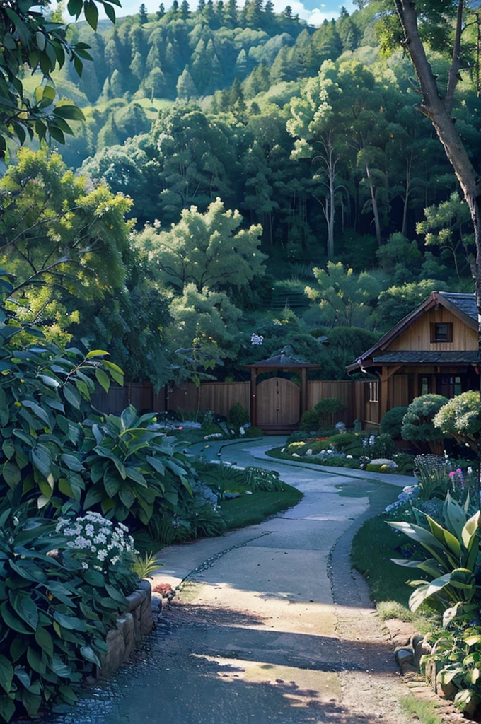 Create a high-quality anime-style image of a serene rural scene. The setting is a peaceful village with a sunny, clear blue sky adorned with fluffy white clouds. The foreground features a quaint yard with a yellow vintage Volkswagen van parked on a stone-paved driveway. The van is well-maintained, and its vibrant color contrasts beautifully with the green surroundings.
The yard is lush with greenery, including tall trees, bushes, and vibrant flowers, adding a touch of life and color to the scene. The red-tiled roofs of nearby houses peek through the foliage, giving a cozy and homely feel. Include details like a wooden fence, a small garden with various plants, and a few birds flying in the sky to enhance the tranquil atmosphere.
Ensure the overall mood of the image is calm and nostalgic, capturing the simplicity and beauty of rural life. Pay attention to the interplay of light and shadow, making the colors pop and adding depth to the scene.