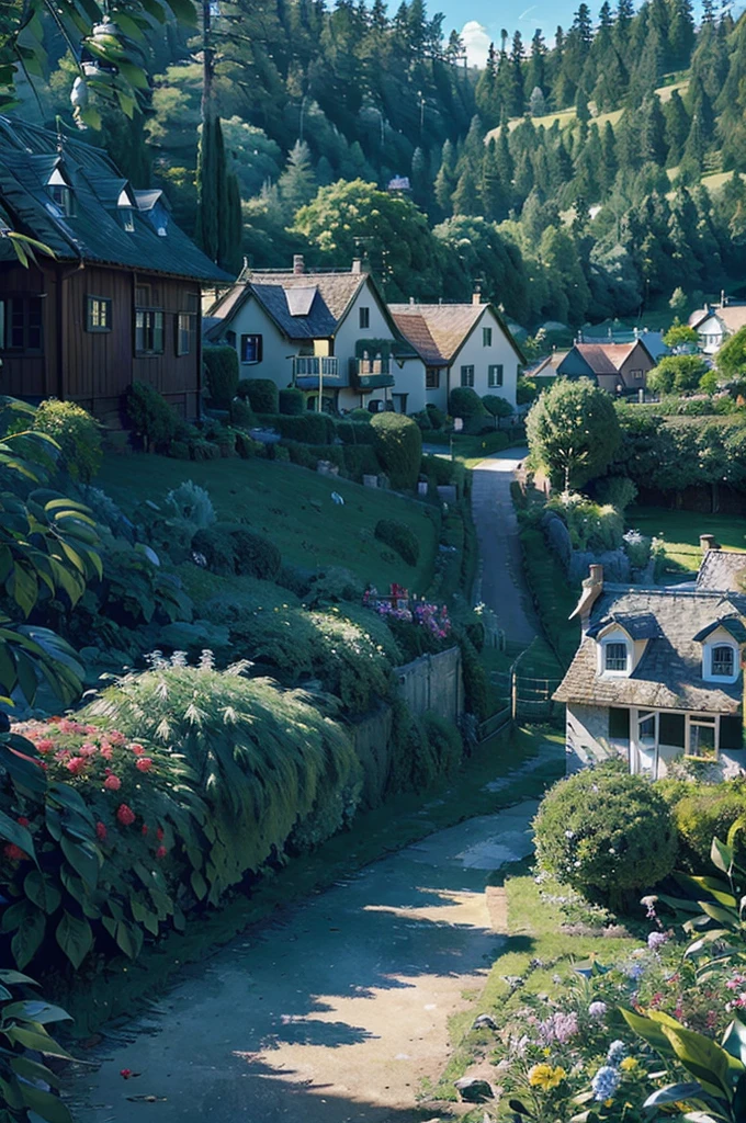 Create a high-quality anime-style image of a serene rural scene. The setting is a peaceful village with a sunny, clear blue sky adorned with fluffy white clouds. The foreground features a quaint yard with a yellow vintage Volkswagen van parked on a stone-paved driveway. The van is well-maintained, and its vibrant color contrasts beautifully with the green surroundings.
The yard is lush with greenery, including tall trees, bushes, and vibrant flowers, adding a touch of life and color to the scene. The red-tiled roofs of nearby houses peek through the foliage, giving a cozy and homely feel. Include details like a wooden fence, a small garden with various plants, and a few birds flying in the sky to enhance the tranquil atmosphere.
Ensure the overall mood of the image is calm and nostalgic, capturing the simplicity and beauty of rural life. Pay attention to the interplay of light and shadow, making the colors pop and adding depth to the scene.