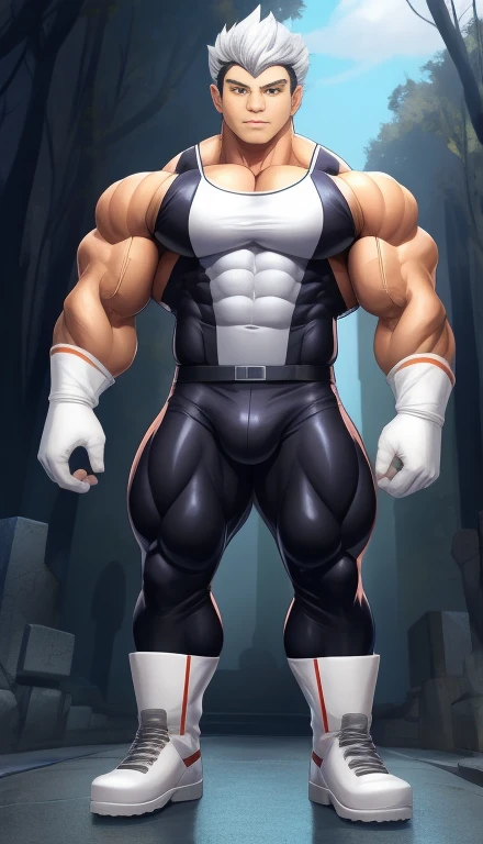 male, standing, full body. Mexican ethnicity. tanned skin, silver white hair, short hair bangs that fall on both sides of his youthful face. carefree expression, young man, alone, marked muscles, beautiful musculature, aesthetic stretch marks, inspiring physique, slender muscles, square pecs, beautiful V-cone, excellent abs and torso, chiseled abs, pectorals chiseled, perfect massive muscles, inflated muscles, voluminous pectorals, massive muscular body, a huge gigantic chest with a narrow waist, huge shoulders, ridiculously well-shaped large pecs, eight chiseled abs, (very toned and huge) with his military haircut and voluminous neck, narrow waist, golden eyes, young face, beautiful, young.  muscular young bodybuilder with extraordinary and firm back, chiseled muscles, rhomboid muscles, latissimus dorsi. Gigachad. he wears a Use Vegeta's training suit. A tight one-piece suit from the neck to the ankles, black in color, the suit has no sleeves, it does not use a belt. The black shirt and pants are a single piece of clothing, the shirt has a U neck, has no sleeves and highlights his prominent abdominals and pectorals. (((Sleeveless shirt))) He doesn't wear a belt. His muscles stand out. He wears white gloves on his hands, and white boots.  Ruins of a Jedi temple with forest background. standing, full body. (((Back))) huge firm muscular thighs, round buttocks and round butt with back, huge ass ((firm buttocks)) with big booty. (((black clothes))) (((white gloves))) (((white boots))). (((Sleeveless shirt))).