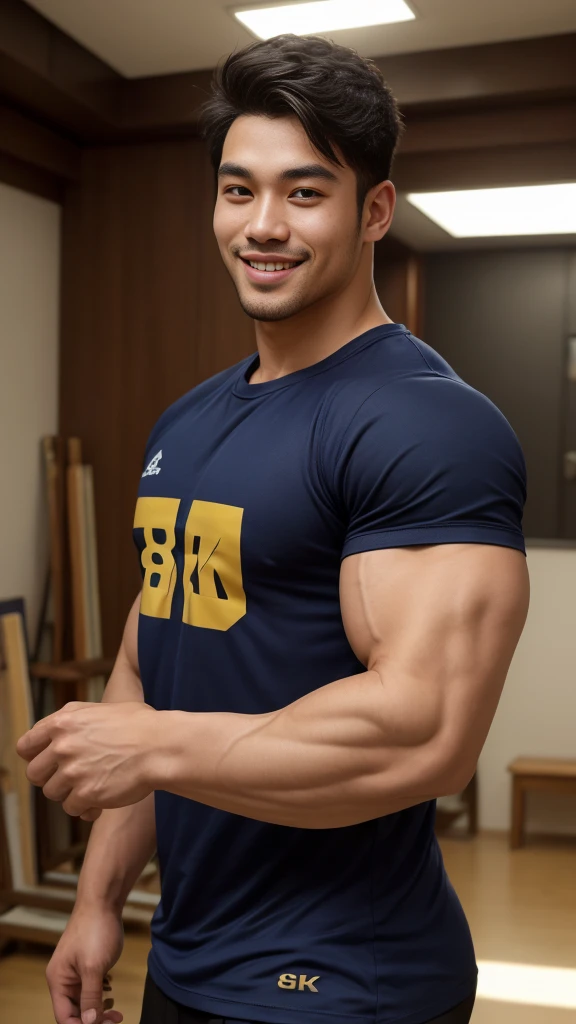 ((Highest quality, 8K, Masterpiece: 1.3))、Thailand Laos Burma Asia, Thai man, A handsome Asian rugby player with short hair, a muscular beard, and big muscles., １A man who has、 yo、Good appearance、Beautiful nose、smile、 Detailed eyes and face、beautiful light、(studio)、high resolution、（Look at the viewer.）、Fine mouth、smile、whole body: 1.5, perfect shape: 1.3, Picture of both shoulders:1.3, Navy blue round neck t-shirt:1.5