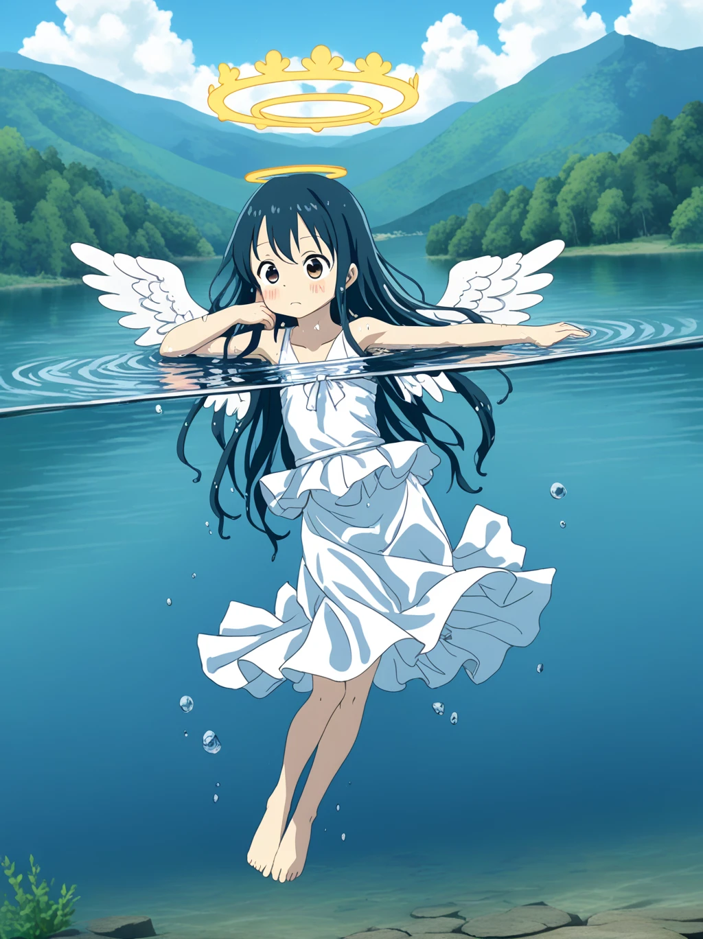 partially underwater, lakeの女神, Long Hair, Wet Hair,lake,8-year-old、Flat Chest、one piece、Above the water line from the neck、Body in water, ,The skirt flips up due to buoyancy、Angel Halo