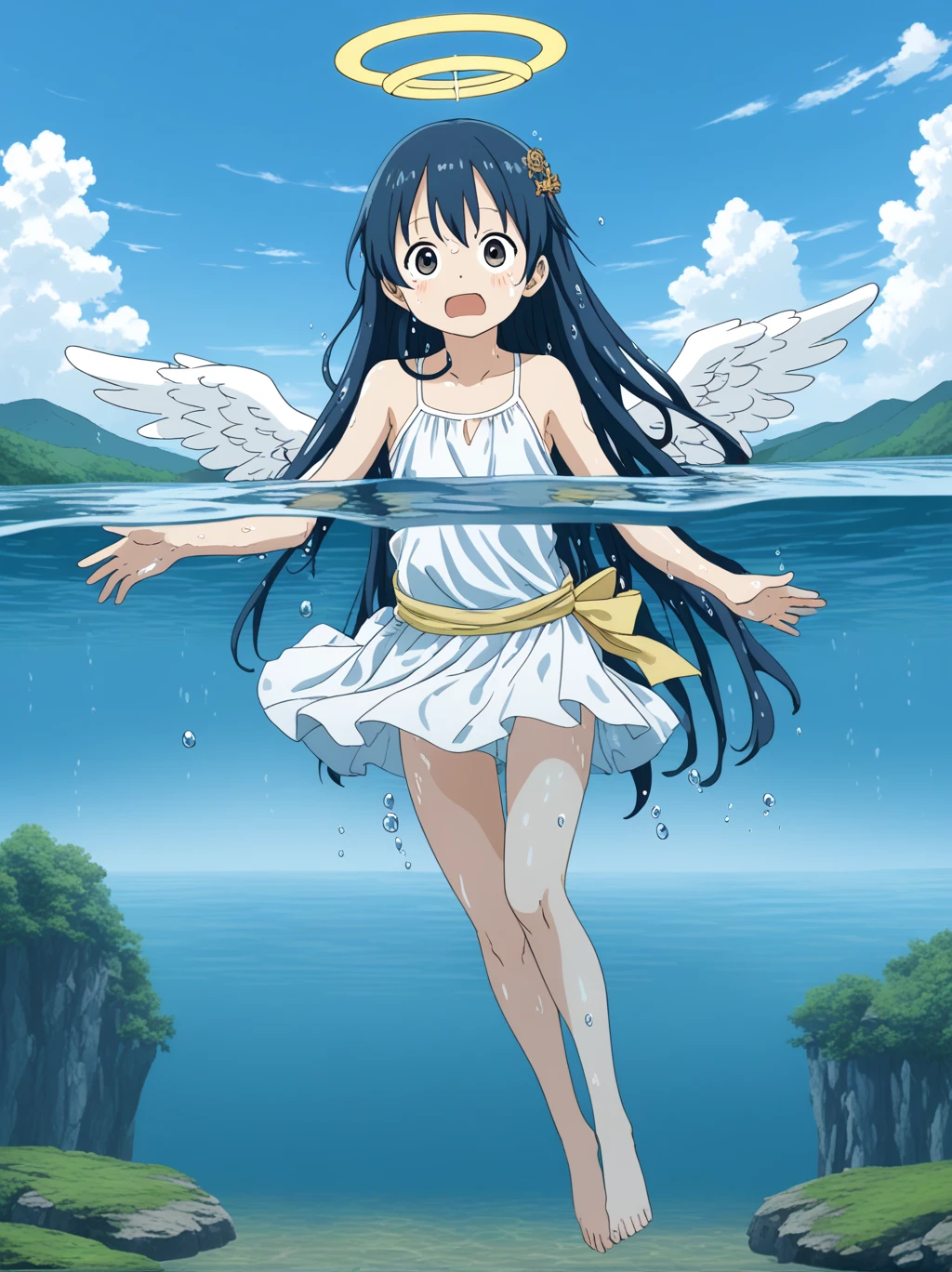 partially underwater, lakeの女神, Long Hair, Wet Hair,lake,8-year-old、Flat Chest、one piece、Above the water line from the neck、Body in water, ,The skirt flips up due to buoyancy、Angel Halo