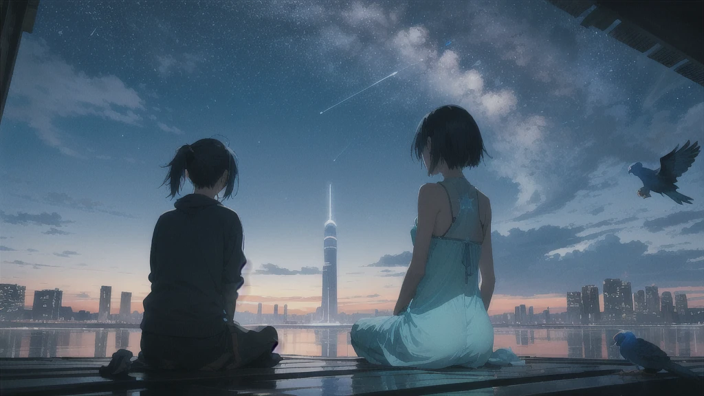 暗いnight空,Octane, star (null), scenery, Blue parakeet,The acoustic guitar is in front of the body.,star, night, One Girl, Back view, alone, Outdoor, city,river,Blue parakeet,building, cloud, 天のriver, Sitting,silhouette