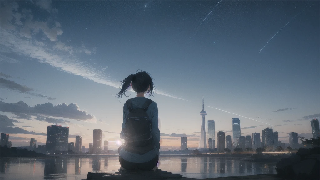 暗いnight空,Octane, star (null), scenery, Blue parakeet,The acoustic guitar is in front of the body.,star, night, One Girl, Back view, alone, Outdoor, city,river,Blue parakeet,building, cloud, 天のriver, Sitting,silhouette