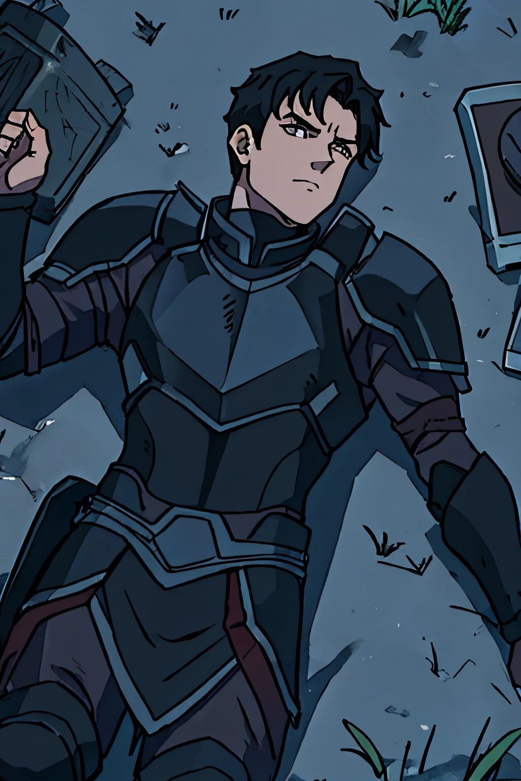 a man, short black hair, wearing a black half-plate armor, black leg armor, Inside the cemetery, lying on the ground, night sky background