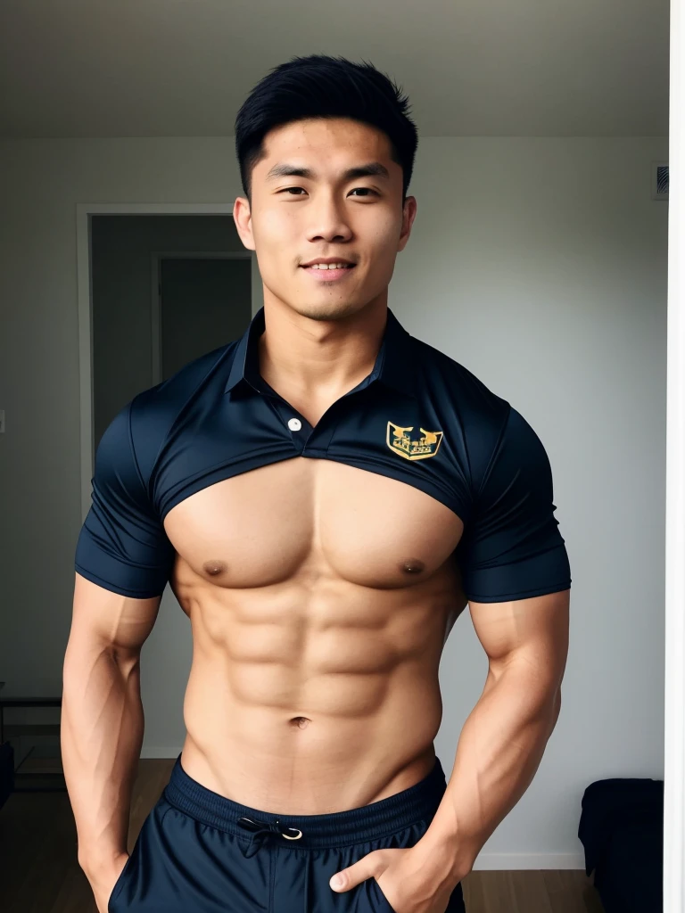 Picture of a handsome Asian rugby player with short hair, no beard, muscular body, big muscles, wearing a navy blue and black shirt, indoors.
