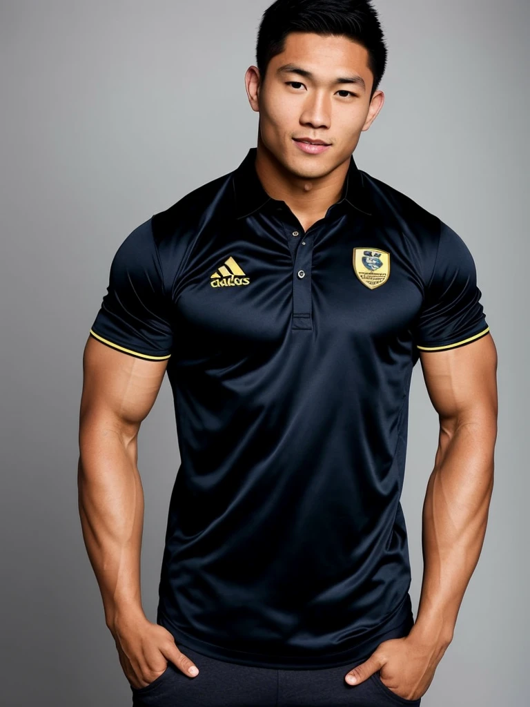 Picture of a handsome Asian rugby player with short hair, no beard, muscular body, big muscles, wearing a navy blue and black shirt, indoors.