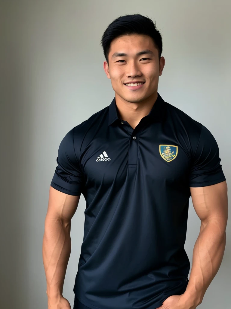 Picture of a handsome Asian rugby player with short hair, no beard, muscular body, big muscles, wearing a navy blue and black shirt, indoors.