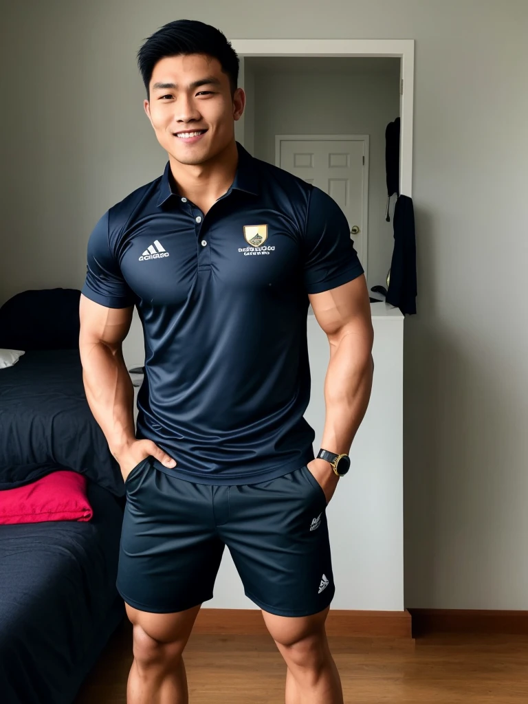 Picture of a handsome Asian rugby player with short hair, no beard, muscular body, big muscles, wearing a navy blue and black shirt, indoors.