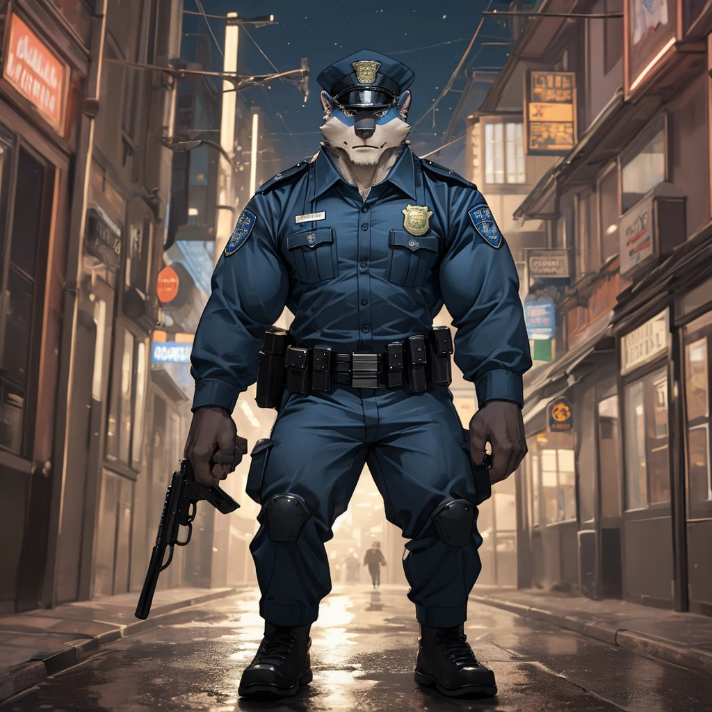 Patrolling the city, a muscular and strong police officer wearing a police uniform. 