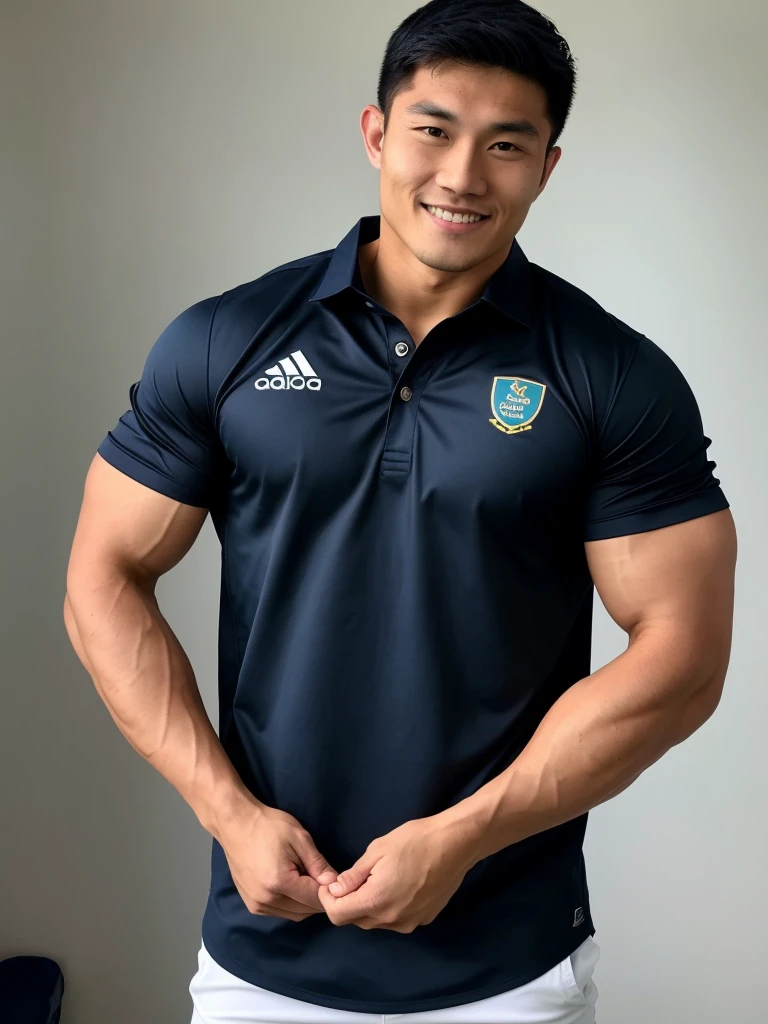 Picture of a handsome Asian rugby player with short hair, no beard, muscular body, big muscles, wearing a navy blue and black shirt, indoors.