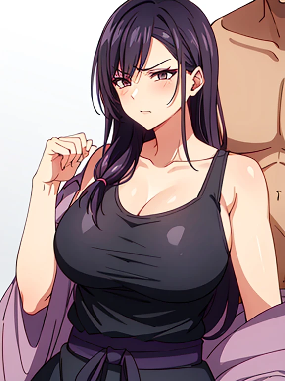 1 milf, purple and slightly black hair, wearing a black tank top, cynical look, angry face, white background, sex scene with black guy