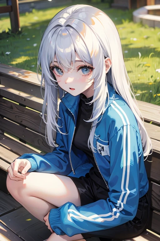 A short woman with pale skin, small breasts, waist-length hair and a light blue tracksuit