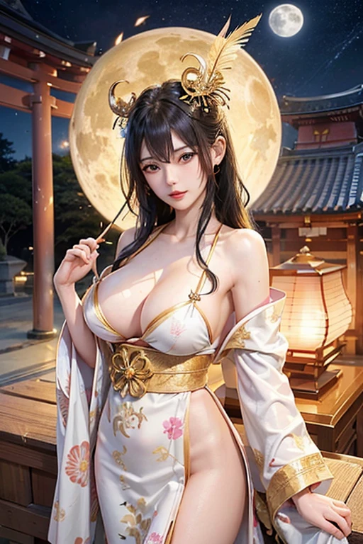 Japanese Gods、Beautiful Goddess(1 person)、kimono、Inside the shrine、In front of the torii gate、Full moon night、SakuraFubuki、Golden Feather Robe、Muscular、Large Breasts