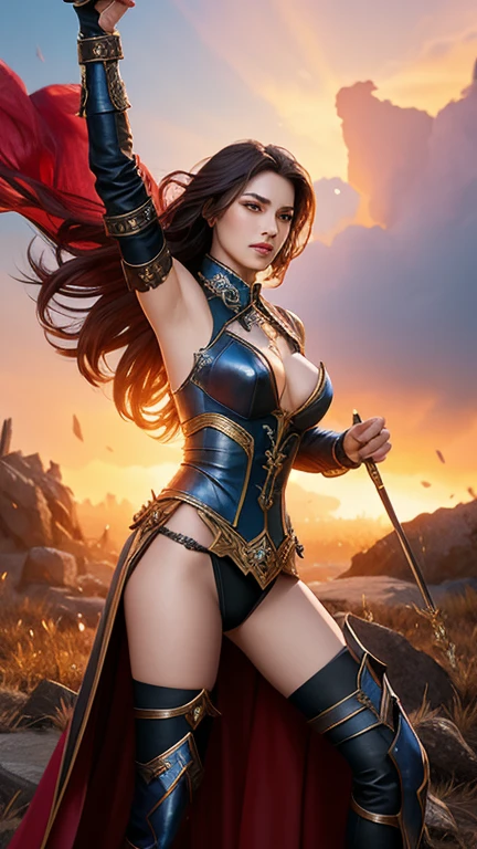 "Talented actress Gal Gadot as champion Irelia the Dancer of the LoL Blades, floating gracefully with her blades in a dynamic and detailed scene with impeccable lighting and a magical environment worthy of an epic fantasy game. full-body framing"