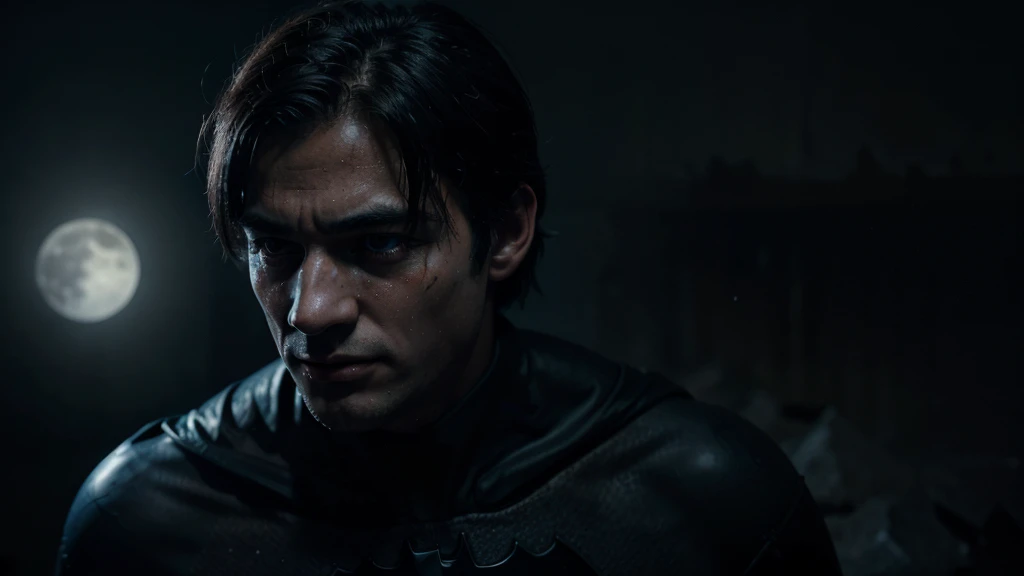 a crying batman on the moon, cinematic lighting, dramatic shadows, atmospheric, moody, melancholic, photoreal, high detail, intricate, dramatic composition, beautiful colors, deep blue tones, glowing moon, detailed facial features, crisp textures, hyper realistic, award winning digital art, masterpiece