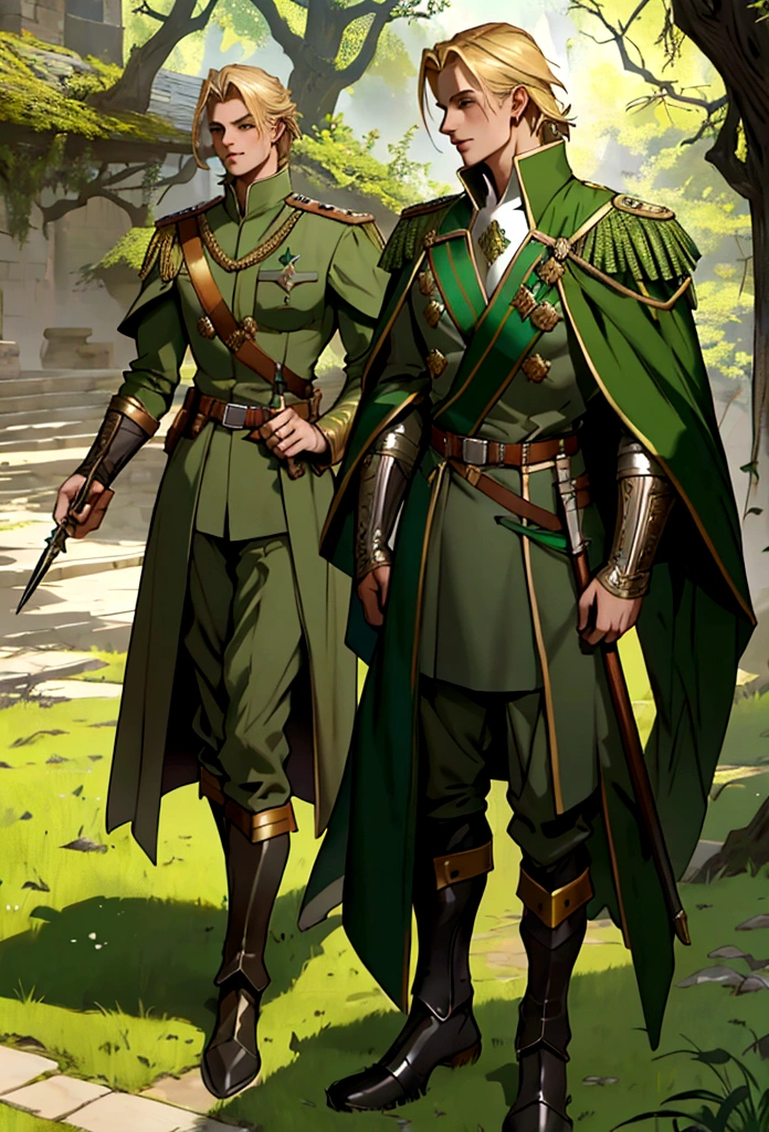 Neels Visser is a prince who has golden blonde hair, wears a moss green medieval military outfit, looking forward with piercing emerald green gaze. full body, art by Greg Rutkowski