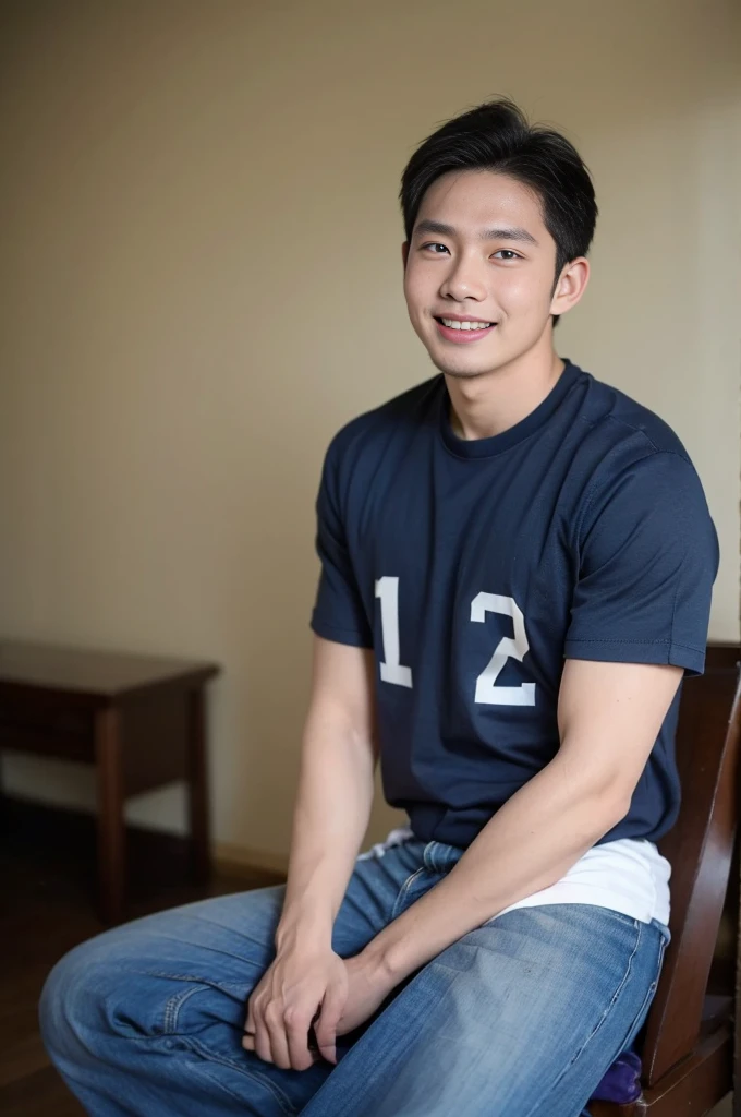 ((Highest quality, 8K, Masterpiece: 1.3))、Thailand Laos Burma Asia, Thai man, A handsome Asian rugby player with short hair, a muscular beard, and big muscles., 1A man who has、 yo、Good appearance、Beautiful nose、smile、 Detailed eyes and face、beautiful light、(studio)、high resolution、(Look at the viewer.)、Fine mouth、smile、whole body: 1.5, perfect shape: 1.3, Picture of both shoulders:1.3, Navy blue round neck t-shirt:1.5