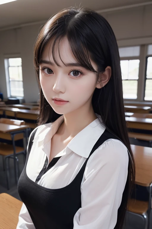 Beautiful girl with realistic black eyes, pale skin, Long black hair, perfect face, perfect eyes, ((Wearing a school uniform)),((A tight shirt with a large opening at the chest)) very detailed, comprehensive movie, digital painting, 8K, cinematic lighting, highest quality, High resolution, Great job!, Post-processing, perfect result, surreal,(((revealing clothes))),big breasts,The background is a classroom, stick out your butt