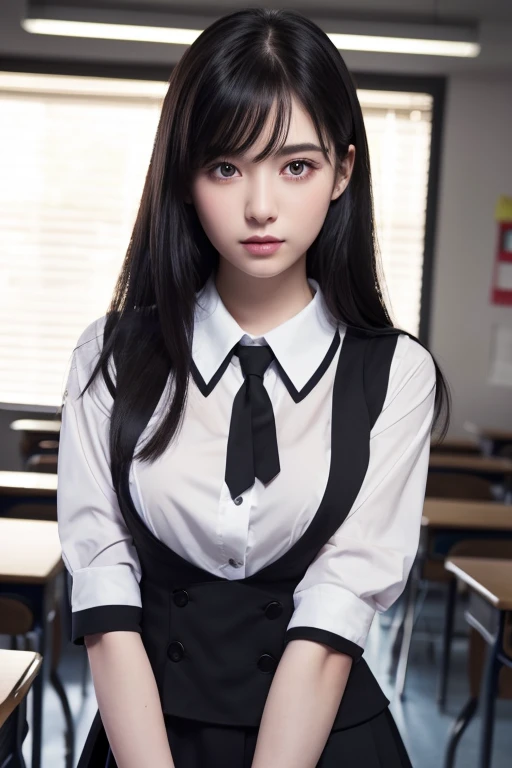 Beautiful girl with realistic black eyes, pale skin, Long black hair, perfect face, perfect eyes, ((Wearing a school uniform)),((A tight shirt with a large opening at the chest)) very detailed, comprehensive movie, digital painting, 8K, cinematic lighting, highest quality, High resolution, Great job!, Post-processing, perfect result, surreal,(((revealing clothes))),big breasts,The background is a classroom, stick out your butt