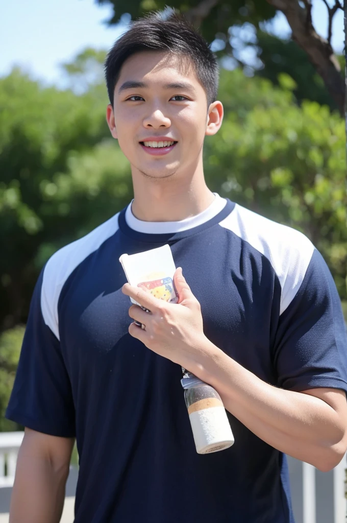((Highest quality, 8K, Masterpiece: 1.3))、Thailand Laos Burma Asia, Thai man, A handsome Asian rugby player with short hair, a muscular beard, and big muscles., 1A man who has、 yo、Good appearance、Beautiful nose、smile、 Detailed eyes and face、beautiful light、(studio)、high resolution、(Look at the viewer.)、Fine mouth、smile、whole body: 1.5, perfect shape: 1.3, Picture of both shoulders:1.3, Navy blue round neck t-shirt:1.5