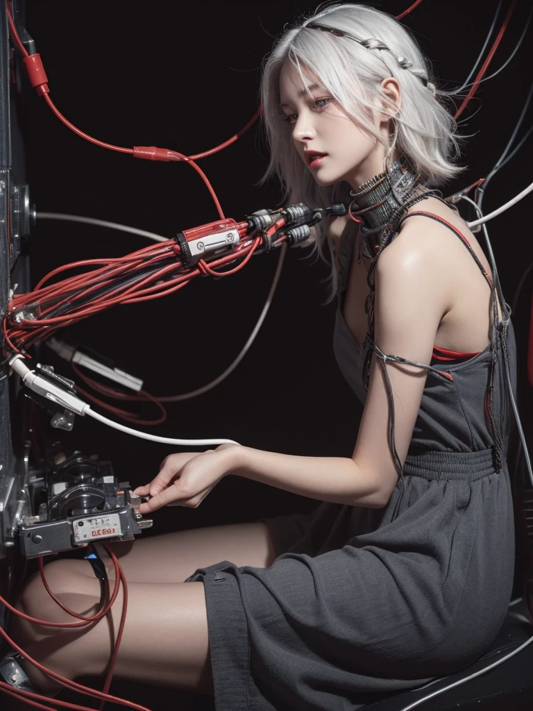 ((((masterpiece))), ((best quality))), ((ultra-detailed)), (CG illustration), ((an extremely delicate and beautiful)),(from side),cinematic light, ((1 mechanical girl)), single, full-body, (machine-made joint: 1.2), ( (mechanical limbs)), (blood vessels connected to tubes), (mechanical spine connected to back), ((mechanical cervical vertebrae attached to neck)), (sitting), forced laughter, (wires and cables around the neck: 1.2), (wires and cables on the head: 1.2) (character focus), sci-fi, extremely thin, colored, the finest white hair, red eyes, in battle, (knotted), (killing), (1 immortal)