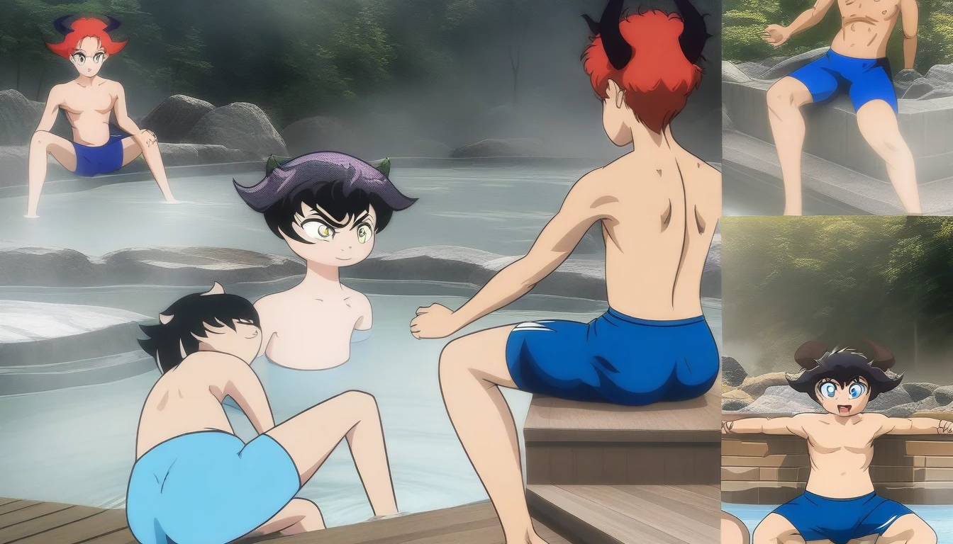 Masterpiece, best quality, very aesthetic, absurdres, create an image of a 2 female anime characters and 1 male character; ((the heroine, with white long hair, wearing white bikini)). ((the demon lord, with red short hair and horns, wearing red bikini)). and ((the boy, with black short hair, wearing a blue swimming trunk)). ((the boy sits in between both the heroine and demon lord on an outdoor onsen)). all depicted in anime comedy shounen art style. shounen anime digital art, expressive shounen anime art, dynamic composition, anime style, highly detailed,