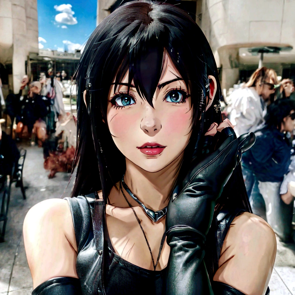 There is a woman wearing a black top and gloves., Anime Girls Cosplay, Tifa lockheart, Tifa, Tifa lockhart, Anime Girls in real life, anime Cosplay, seductive Tifa lockhart portrait, glamorous Tifa lockheart, portrait of Tifa lockhart, Tifa lockhart portrait, attractive Anime Girls, Perfect android girl, Cosplayer, Cosplay, Anime Girls