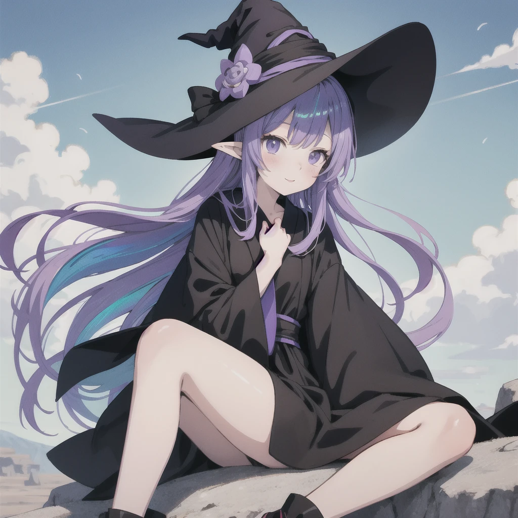 anime girl long purple hair wearing a black Robe. she has pointy ears. Witch Hat. Manga kawaii. iridescent ,An illustration, 0ne person .Sitting on a plateau, hair blowing in the wind