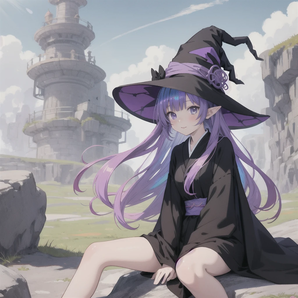 anime girl long purple hair wearing a black Robe. she has pointy ears. Witch Hat. Manga kawaii. iridescent ,An illustration, 0ne person .Sitting on a plateau, hair blowing in the wind