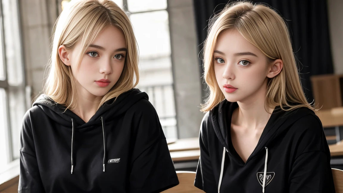 deux femmes blonde ensemble de 18 ans sexy et mince , black short sleeve hoodie , salle de classe, se touche,position sey,sensuel