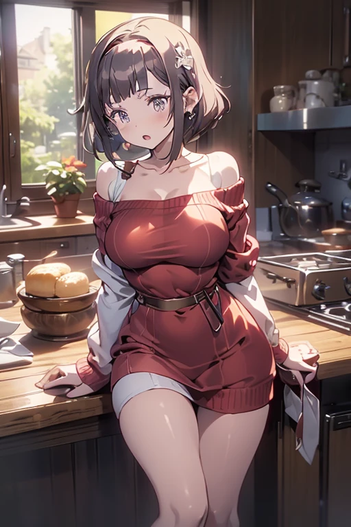 masterpiece, yor, 1girl, Amazing Cleavage:1.3, thin waist, big ass, Raised sexy, medium breast: 1.8 posed cleavage:1.2、solo, looking at viewer, open mouth, have a cup of coffee,black hair, red eyes, dress, bare shoulders, jewelry, collarbone, sidelocks, hairband, earrings, indoors, off shoulder, :o, sweater, arms behind back, plant, short hair with long locks, white hairband, off-shoulder dress, sweater dress, off-shoulder sweater, red sweater, big side hair, very long side hair,is rendered in (masterpiece: 1.2, best quality), with (ultra high resolution) and an exquisite (depth of field). This masterpiece is not only visually stunning but also tells, make of cake cooking ,in the kitchen
