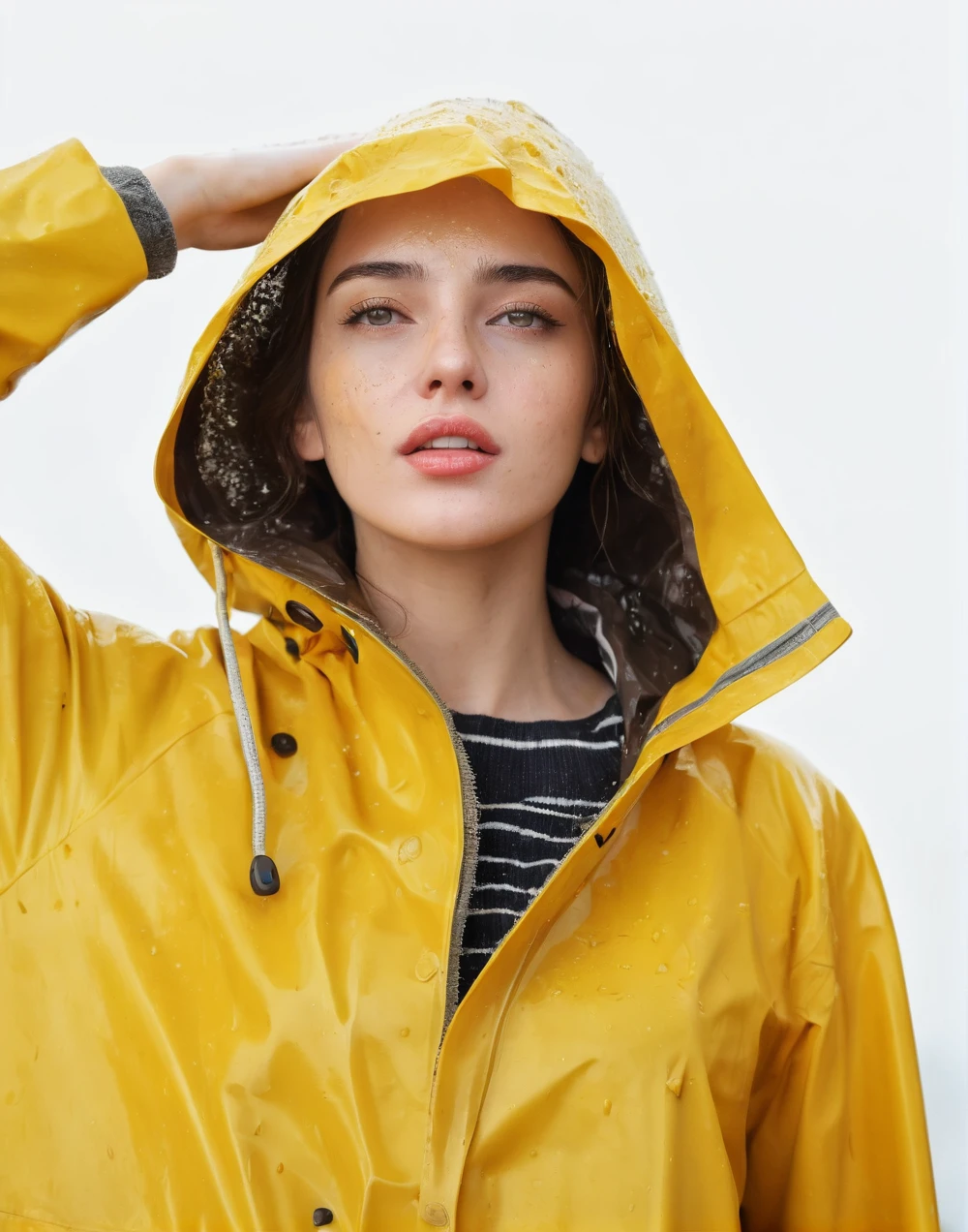 a young woman wearing a bright yellow shiny raincoat, ((((mud-stained and dirty raincoat)))), muddy clothes, beautiful detailed eyes, beautiful detailed lips, extremely detailed face, long eyelashes, outdoor rainy scene, puddles on the ground, intricate texture, photorealistic, 8k, high quality, masterpiece, professional, vivid colors, dramatic lighting