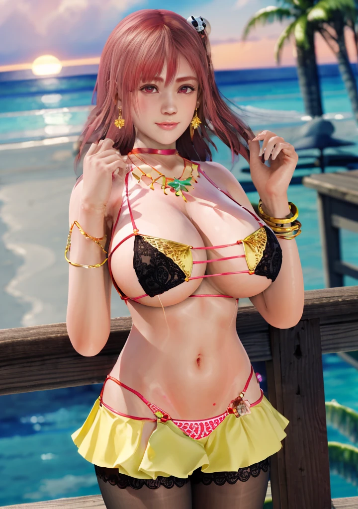 Honoka, Colorful bikini ,Super short pleated skirt, bracelet,ring, university student,Pink Hair,Huge breasts,Cleavage,Low-cut,miniskirt,pantyhose,cute,necklace,earrings,beach,drinks,lemon,Sunset,Lace,shy,Ice cream,orange juice,Tree,fruit,Red lips